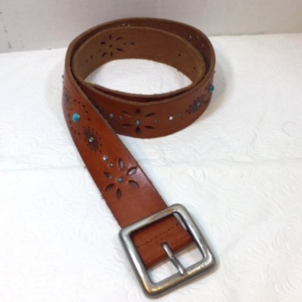 Brown Leather Western Belt w/Rhinestones Turquoise  Floral Geometric Designs